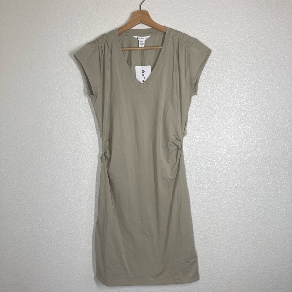 ATHLETA Effortless Tee Dress Small Stretch Anti-odor Beige Midi NWT Cotton - Picture 11 of 16